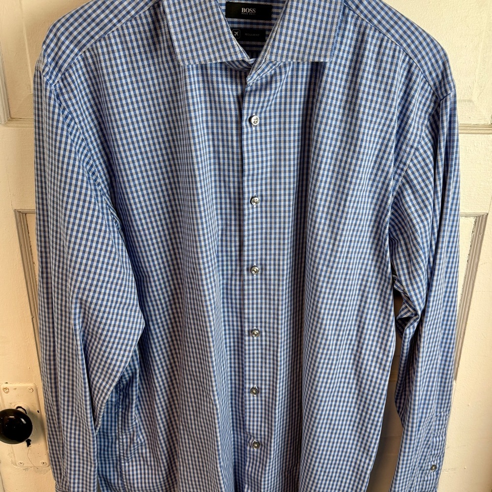 Hugo Boss Blue and White Checkered Dress Shirt